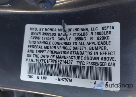 2016 Honda Civic Touring из США, поврежденный, VIN 19XFC1F92GE214437